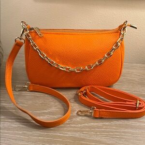 NWT, Vera Pelle Italian Leather Pouchette w/ Chic Chain Handle & Crossbody Strap